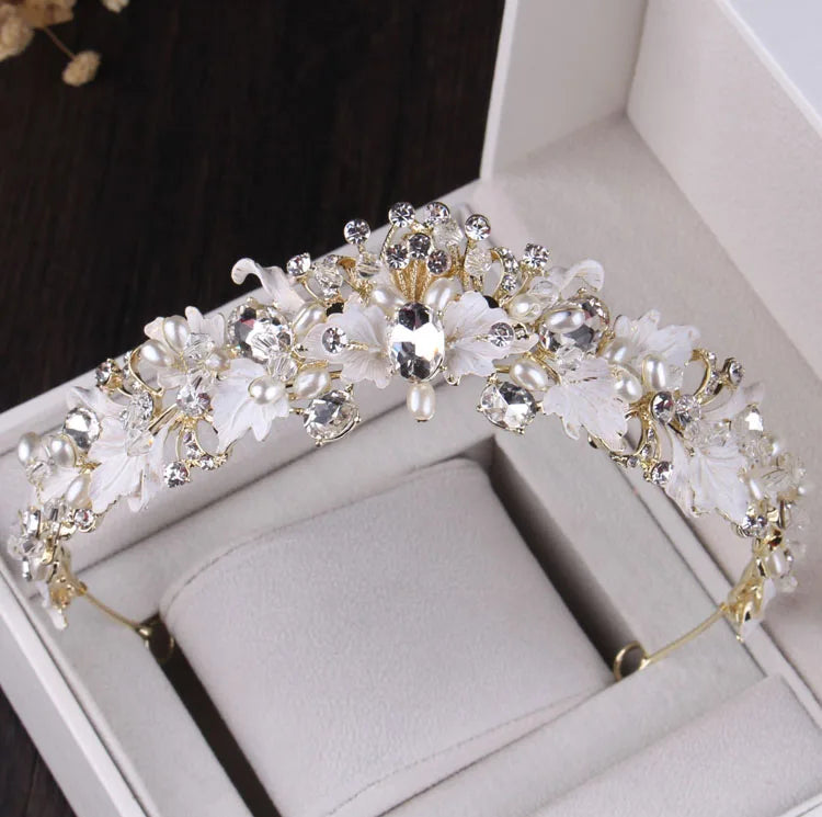 Baroque Vintage Gold Color Crystal Pearl Costume Jewelry Sets Rhinestone Choker Necklace Earring Tiara Crown Wedding Jewelry Set