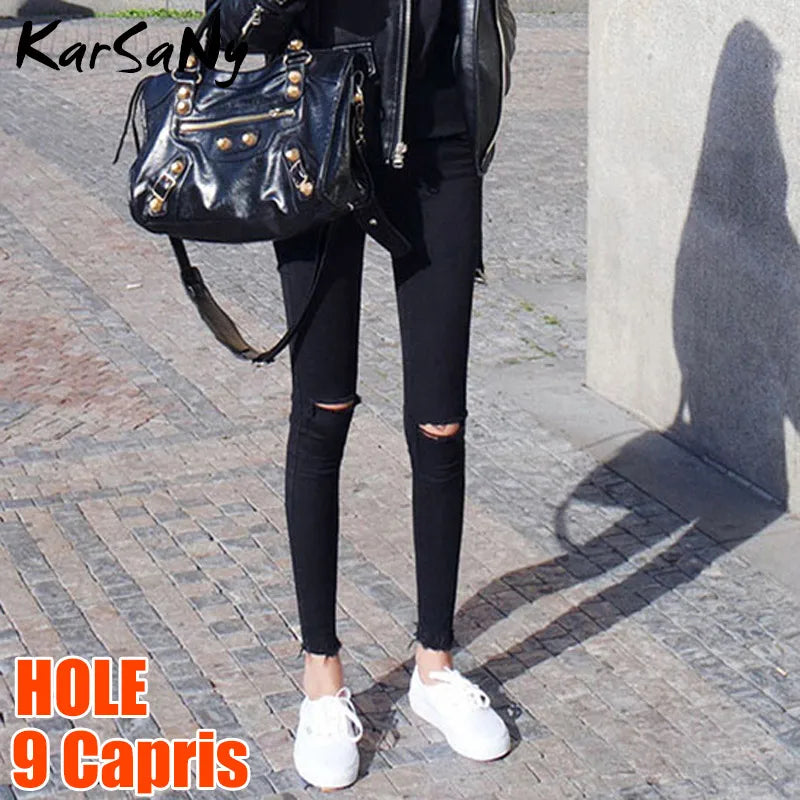 Skinny Ripped Jeans for Women Stretch High Waist Black Jeans With Holes Destroyed Women Denim Pants With Holes Summer Jean