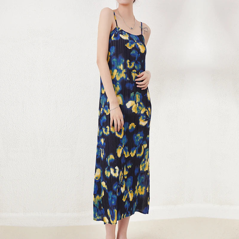New Summer Miyake Women Pleated Sleeveless Dresses Ladies Casual Halter Dresses Printed Shift Dress