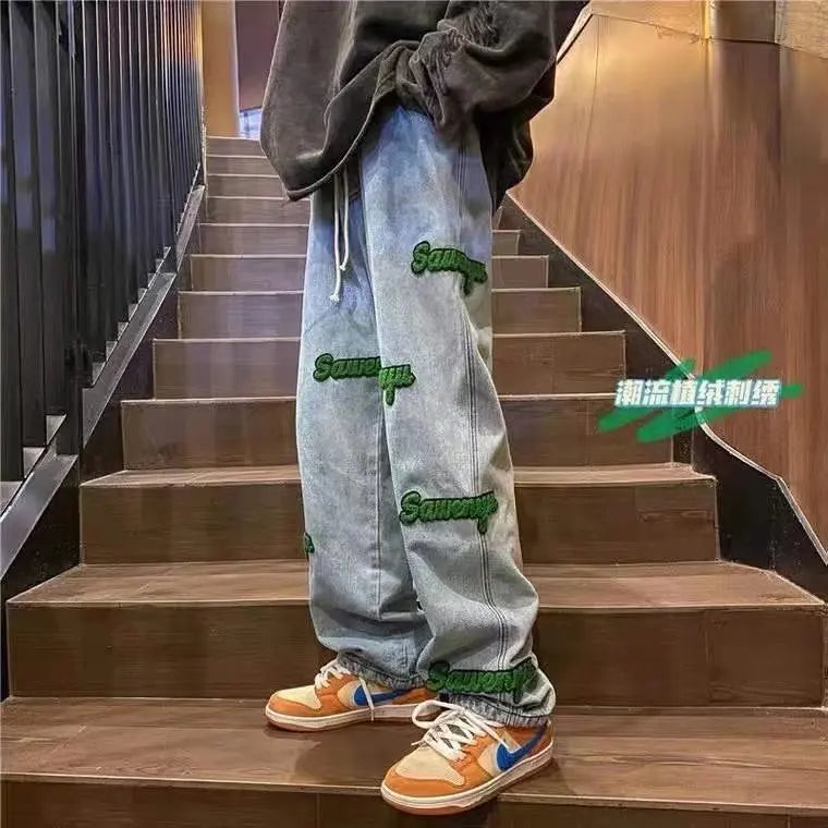Mens Oversized Hiphop Embroiled Baggy Denim Jeans for Mens Sustainable Loose Jeans Casual Softener Knitted Jean