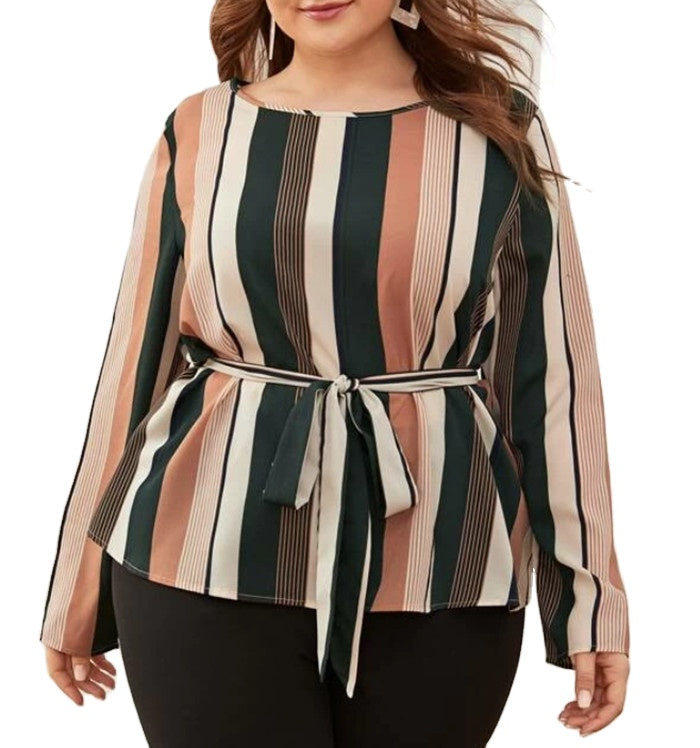 Office Lady Elegant Striped  Blouse Print O-Neck Long Sleeve 2020 New Autumn Blouses