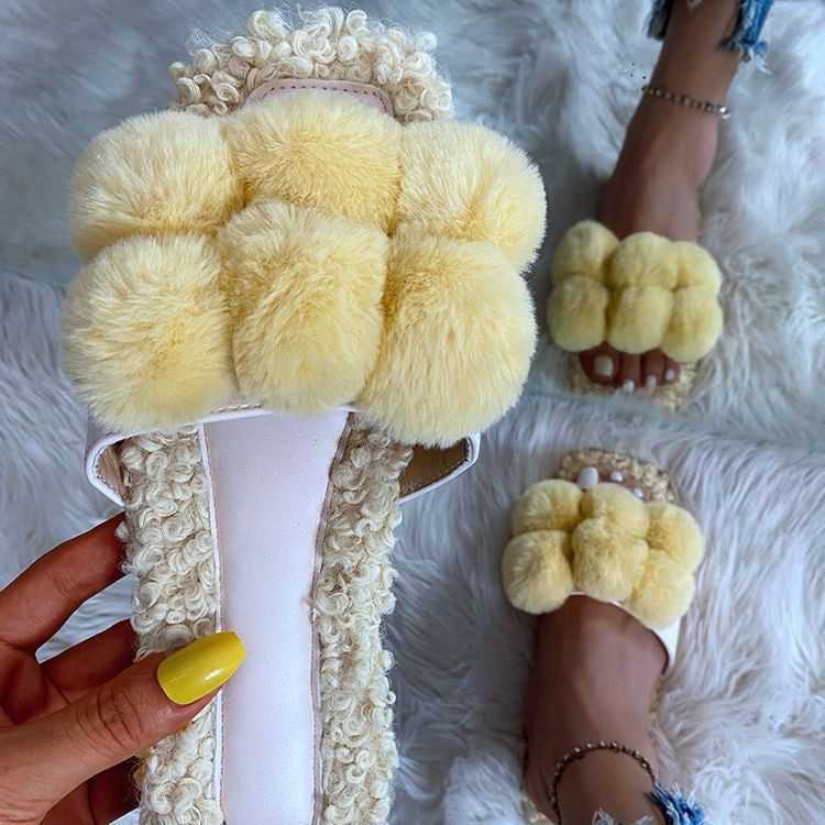 Summer Women Slippers Faux Fur Slides for Women Fluffy Slippers Female Shoes Outdoor Slippers Fur Pom Pon Furry Slides