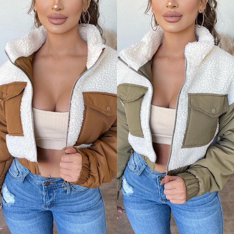 Ibeauty Top Sale Street Short Lamb Wool Stitched Zip Coat Women's Trench Coats Winter Coats for Ladies Women