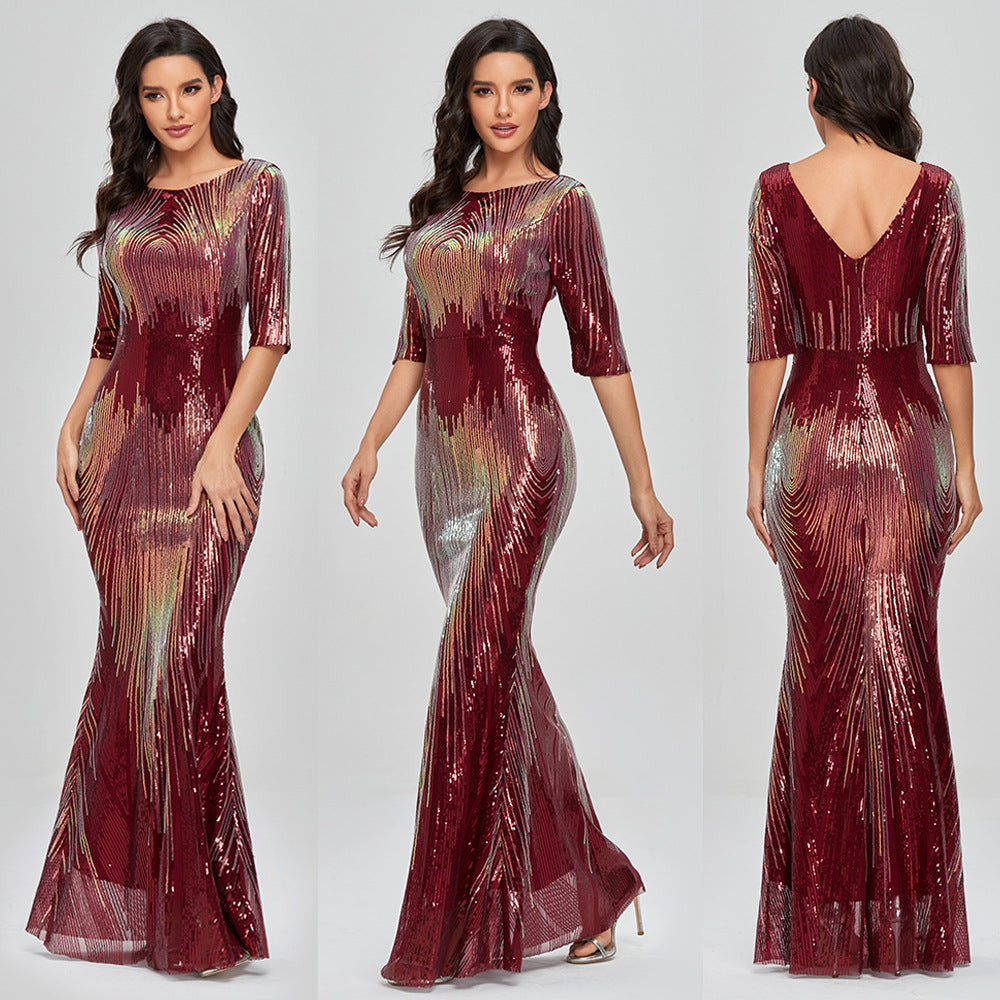 2XL Wedding Guest Sequin Dresses Women Party Half Sleeve Prom Dresses 2021 - My Store