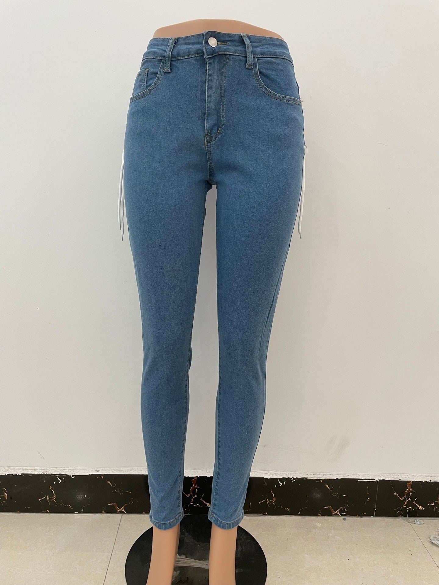 Stretch Woman Skinny Jeans Back Hollow Out Drawstring Cutout Holes Jean