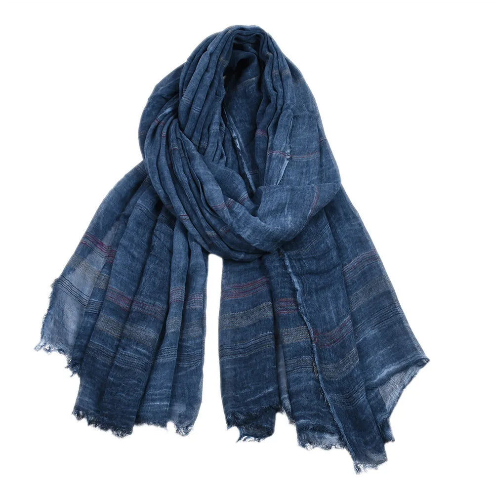 Japanese Korean Cotton Linen Men Scarf Autumn Winter Men's Stripe Scarves Casual Black Navy Scarves Bufanda Male Accessories