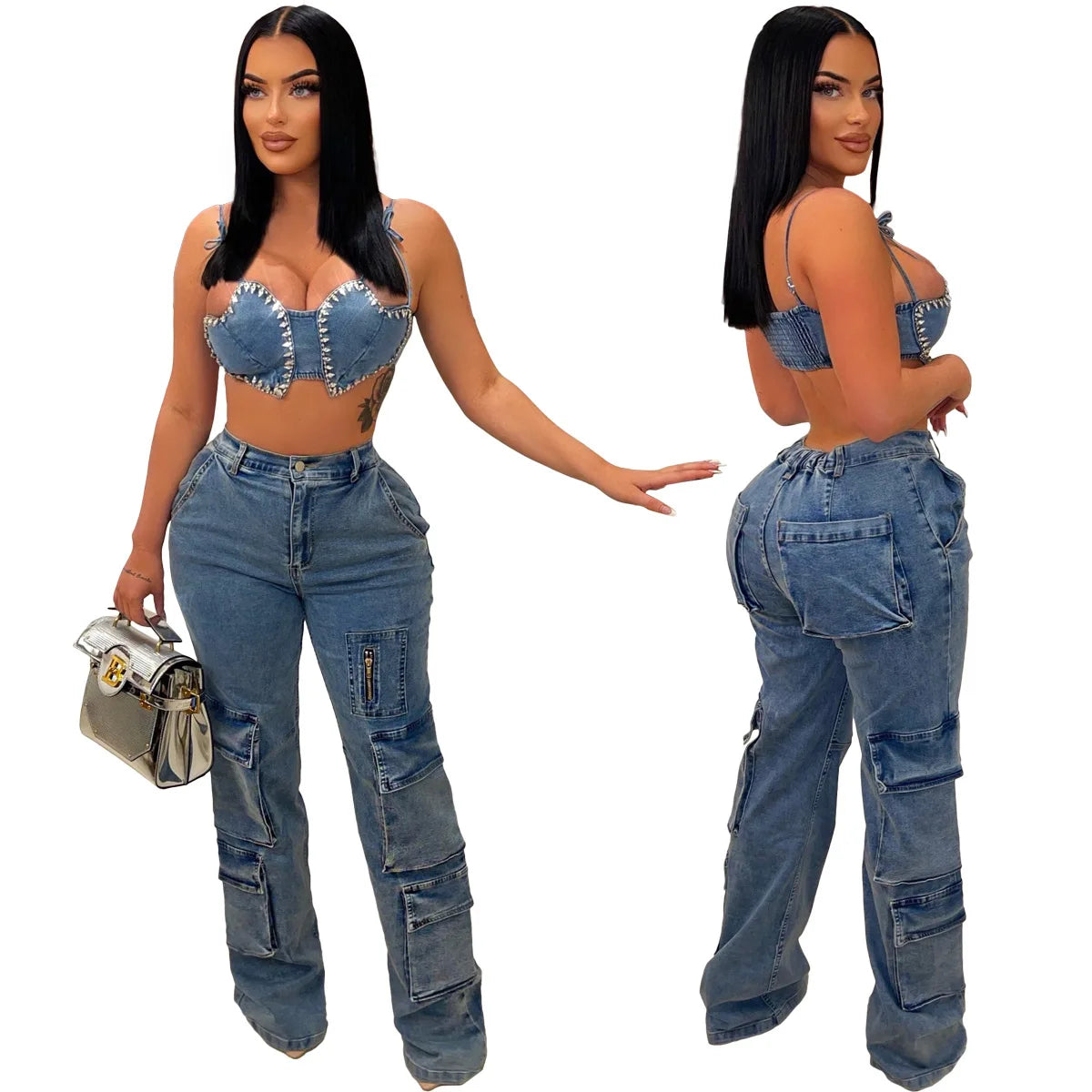 Streetwear Women's Jean Pants Straight Blue Ladies Denim Cargo Trousers Woman 6 3D Pockets Cargo Jeans Wide Leg Jeans for Women