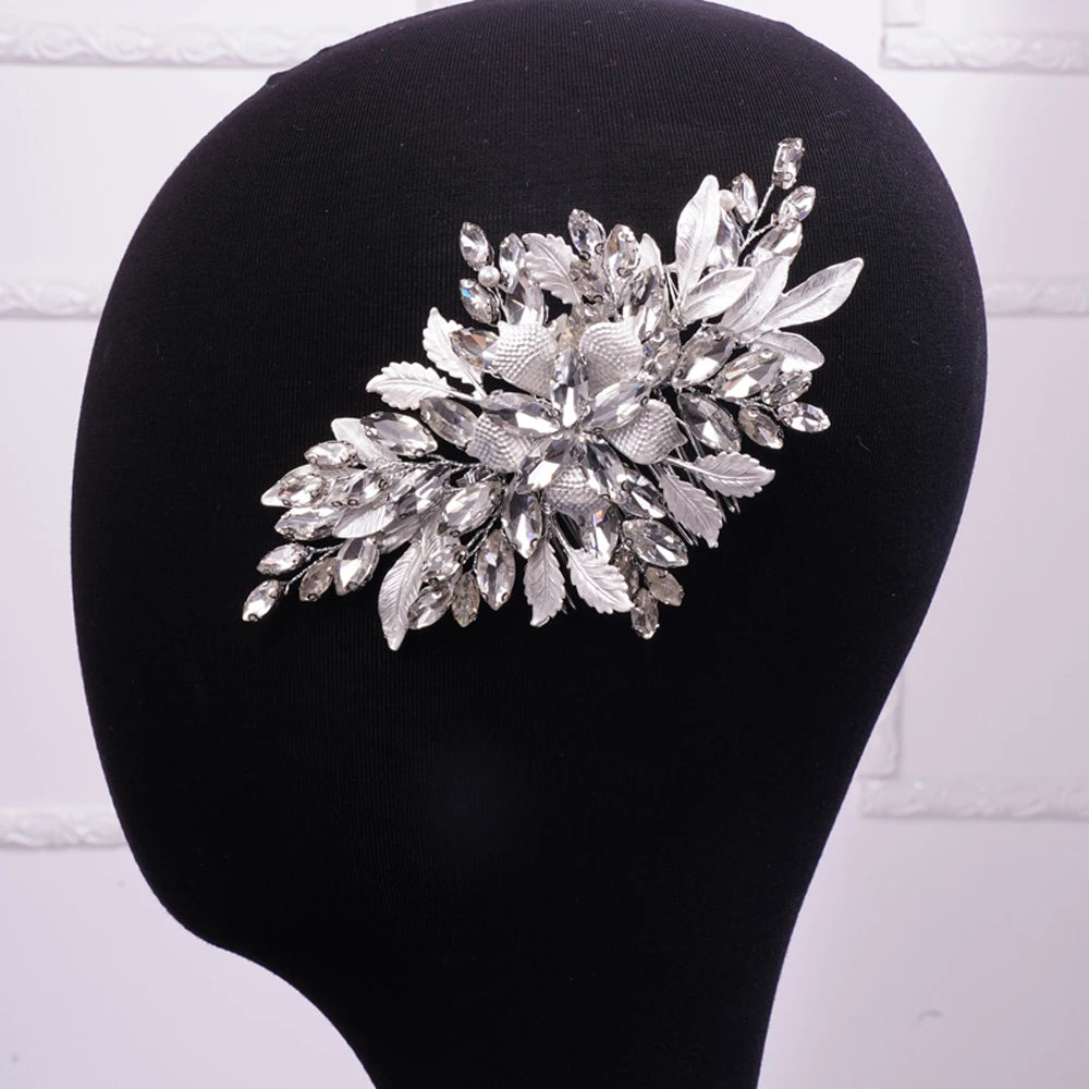 Luxury Gold Rhinestones Leaf Flower Hair Comb Bridal Pearl Hair Accessories for Women