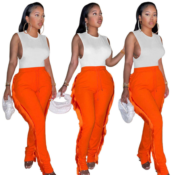 S0255-Spring Women Clothing Orange Fringe Pants Tassel Women Pant Stock