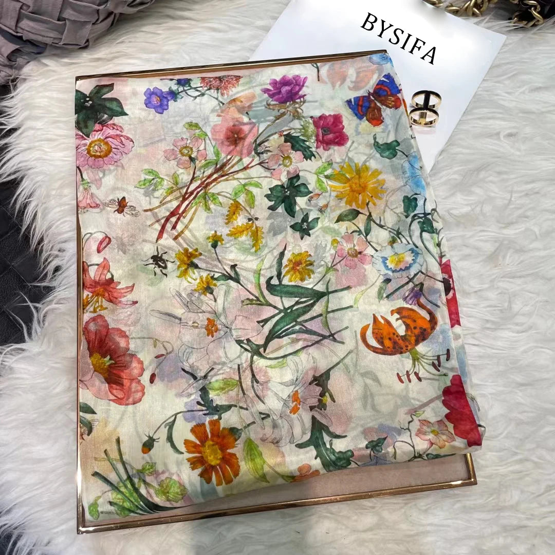White100% Silk Scarf Women Scarves Bufandas Summer Beach Shawls Foulard Fall Winter Brand Flower Design Long Neck Scarves Hijabs