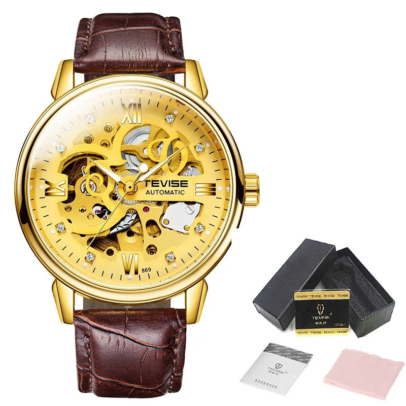 Dropshipping Men Watches TEVISE T869 Hollow Skeleton Automatic Watch Men Luminous Mechanical Watches Leather Strap Wristwatches
