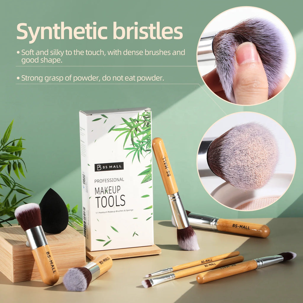 BS-MALL 11 Piece Bamboo Makeup Brush Tools Set Eco-Friend Vegan Synthetic Fiber Make Up Brushes With Makeup Sponge Set - My Store