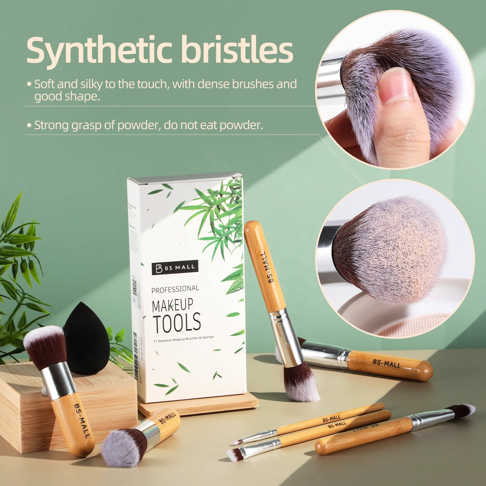 BS-MALL 11 Piece Bamboo Makeup Brush Tools Set Eco-Friend Vegan Synthetic Fiber Make Up Brushes With Makeup Sponge Set - My Store