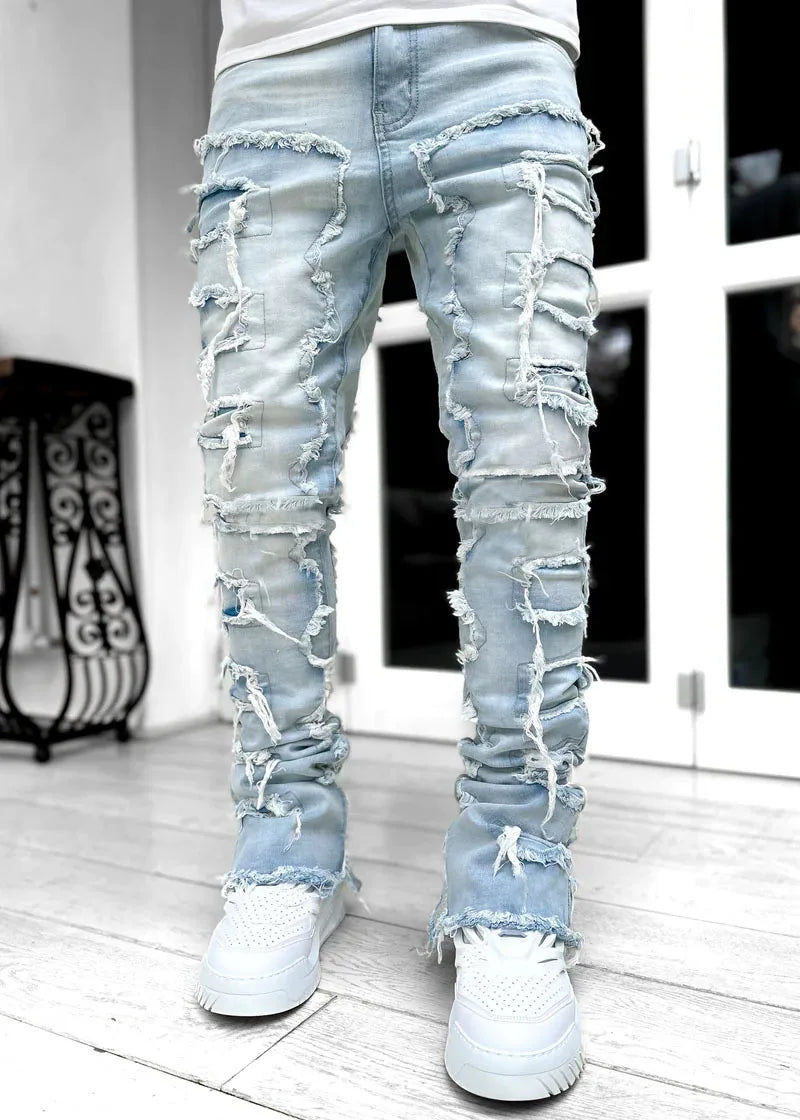 Designer Patch Stretch Stacked Jeans Men Man Jean Trouser Mens in Bulk Wholesale Ripped Jeans