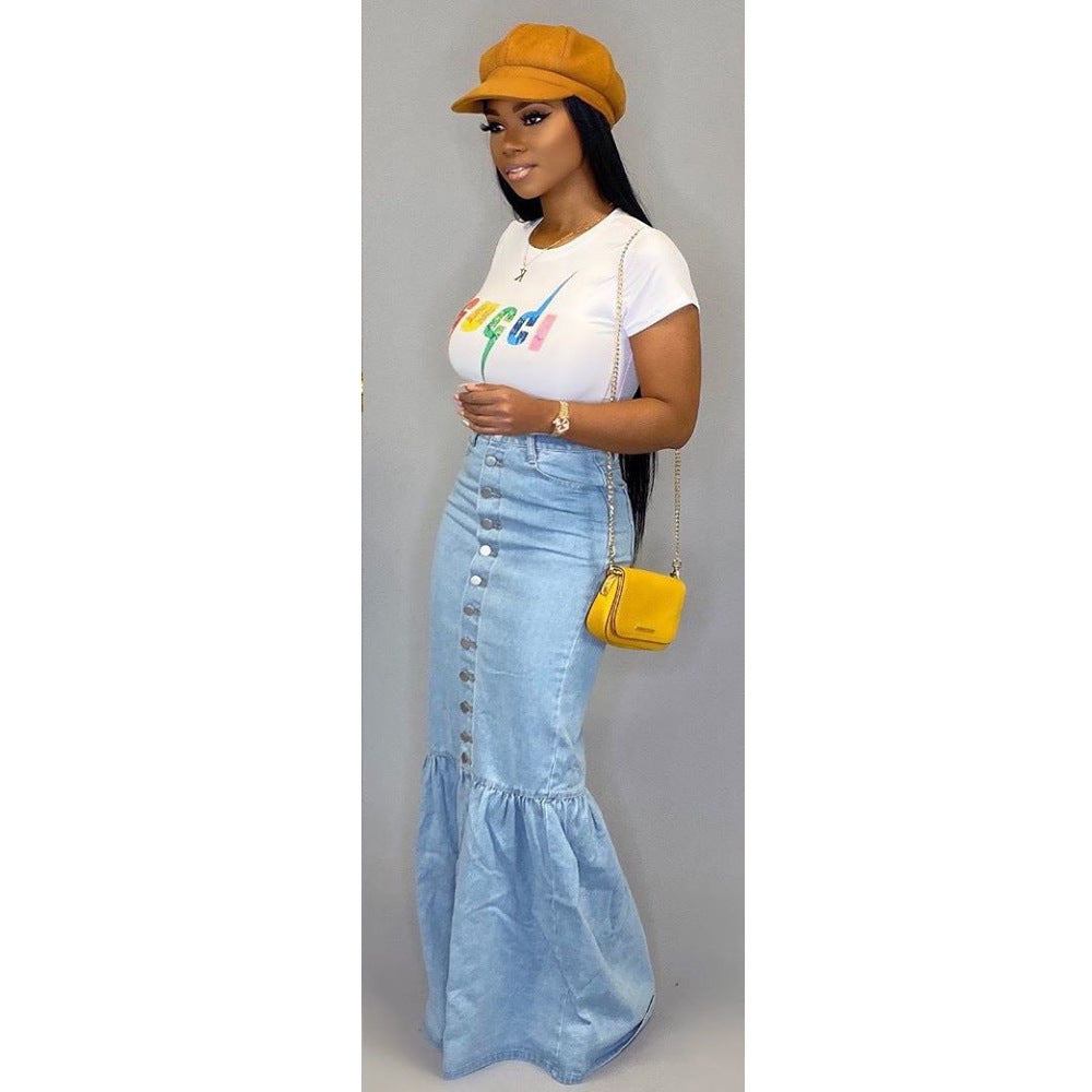 New Product Wholesale Long Denim Skirts Slim Flower Denim Skirt Ladies  Denim Skirt