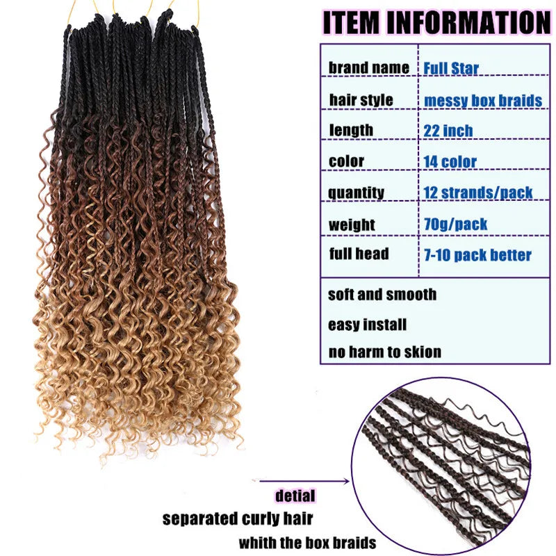 Full Star 22Inch 12 Strands Tight Box Braids Crochet Hair Wavy Ends Synthetic Hair Extensions Ombre  Black Brown Color