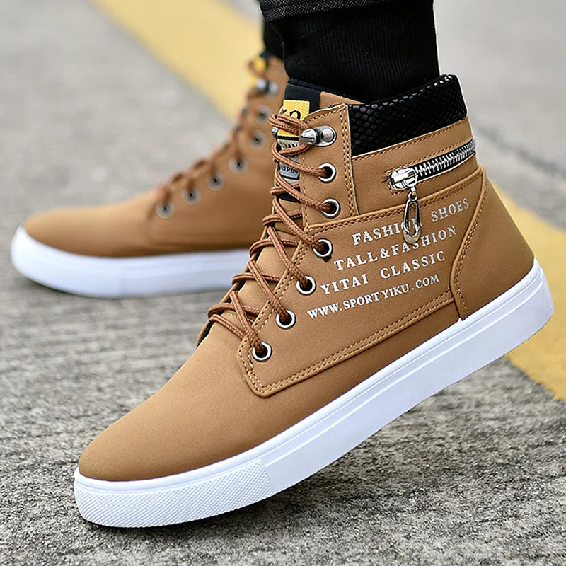 Spring Autumn High Top Men's Shoes Leather Men's Casual Sneaker Shoes Lace-Up Wild Platform Sneakers Flat Vulcanized Shoes