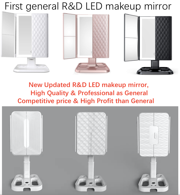 2021  Mirrors News  Professional 3 Folding Flexible Base Makeup Mirror With LED Lights Auto-Shut Off Lights Function