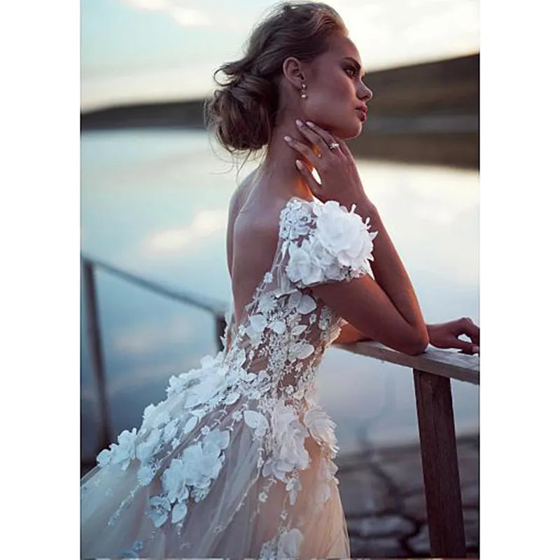 Champagne Boho Wedding Dresses Luxury Sexy Backless Princess Bridal Dress Lace Appliques 3D Flowers Beach Long Wedding Gown - My Store
