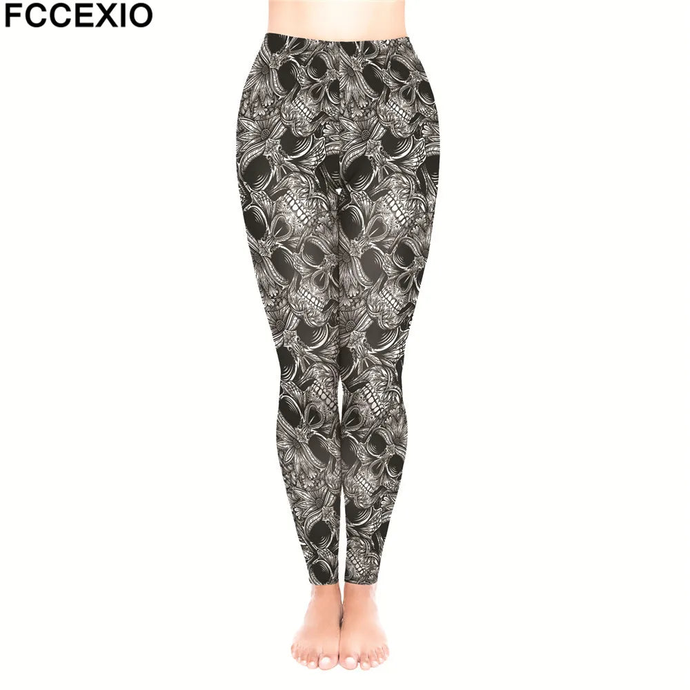FCCEXIO New Brand 3D Printed Retro Bones Black Skeleton Sexy Women Casual Punk Rock Leggins High Waist Pants Fitness Leggings