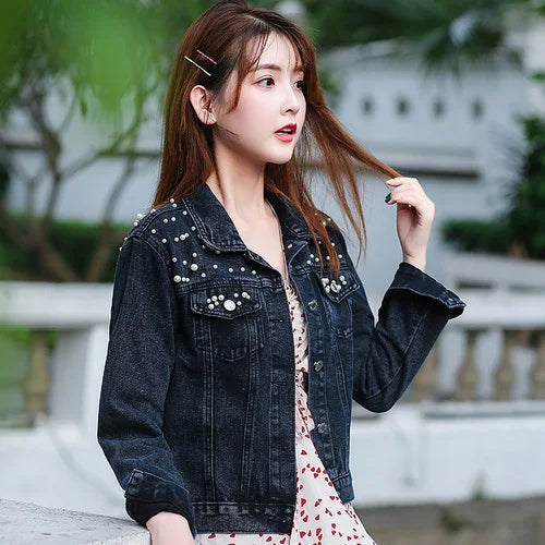Pearl Beaded Ladies Denim Jeans Jackets Coat Casual Bomber Jean Jacket for Women