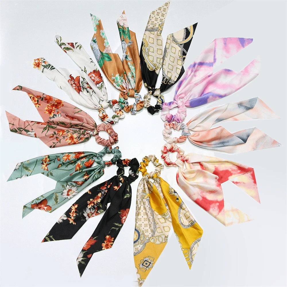New Fashion Print Bow Scrunchies Hair Ribbon for Women Elastic Hair Band Girls Horsetail Hair Ties Hair Accessories
