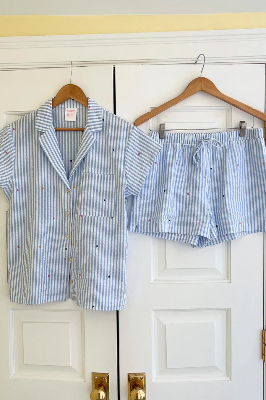 New Design Seersucker Hearts Striped Lounge Clothes Casual Suit Pajamas Loungewear Women Pajama Set