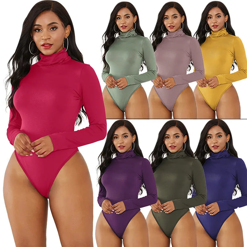 Winter Sexy Long Sleeve High Neck Slim Bodysuit Undershirt 2022 Women's Solid Color Tight Playsuits Jumpsuit - My Store