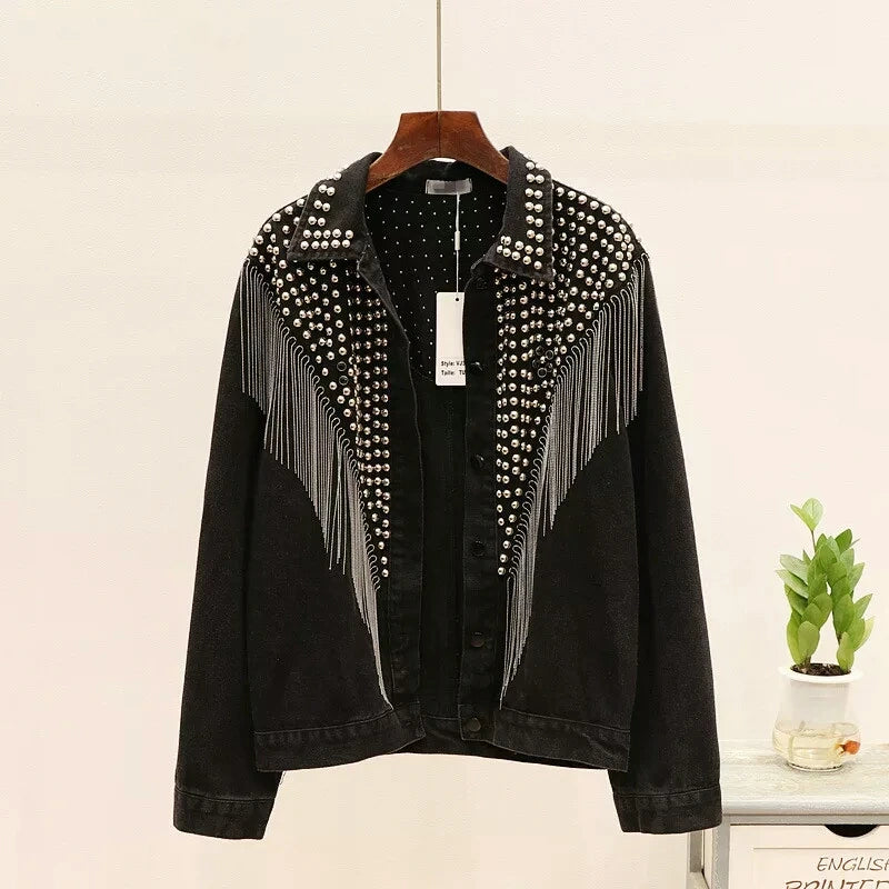 Autumn Denim Jacket Coat Women Rivet Tassel Chain Short Coats Woman Loose Streetwear Long Sleeve Black Coats Outerwear