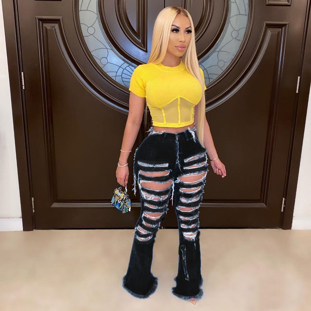 KG4160 Wide Leg Ripped Personality Street Trend Horn Bell Bottom Denim Pants Jeans Women - My Store