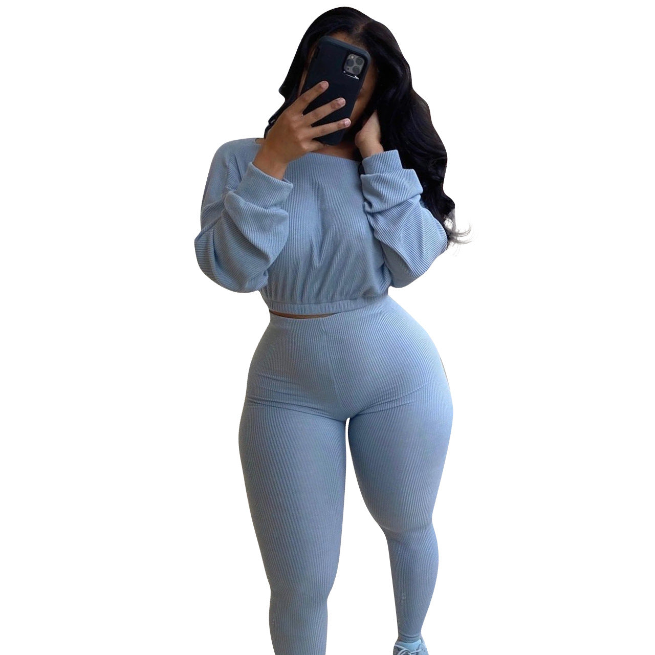 Spring Fall Ladies Clothing Multicolor 2 Piece Jogger Set Woman Boat Neck Elastic Band Casual Rib Activewear Pants Set