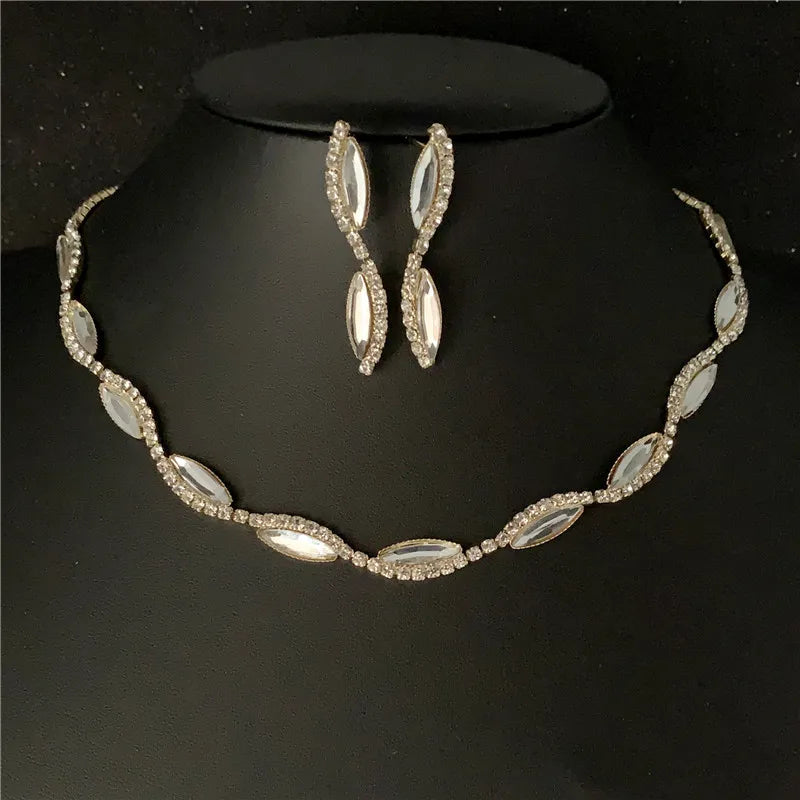 Sexy Wave Bridal Choker Jewelry Set Silver Plated Rhinestone Crystal Necklace Earrings Women Wedding Jewerlry Set