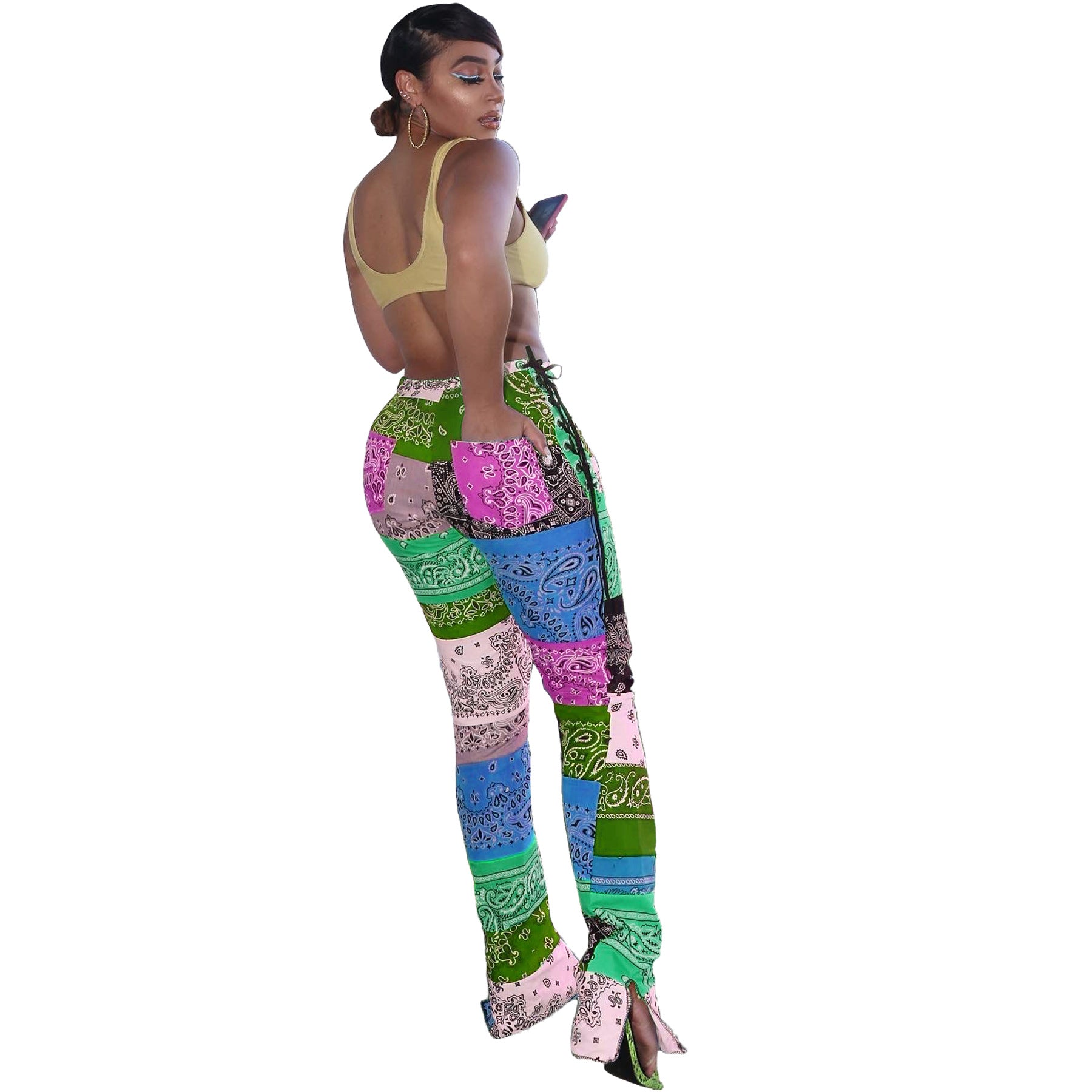 JY39 Women's New Patchwork Slit Printed Clothing Stylish Jogging Pant for Women Casual Pants