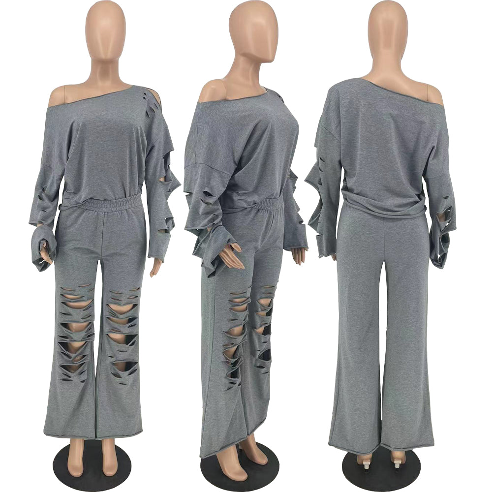 Trendy Women Clothes Women Outfits Elegant Cutout Holed Women's Set Long Sleeve Sweatshirt and Jogger Pants Set Cotton Adults - My Store
