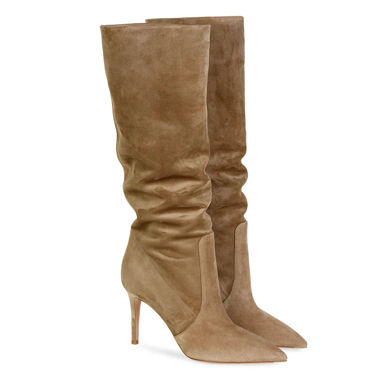 Brown Faux Suede Knee High Boots Slouch 2025 Women Shoes Winter Slouchy Long Boots Woman High Heel Latest Camel Ladies Tall Boot
