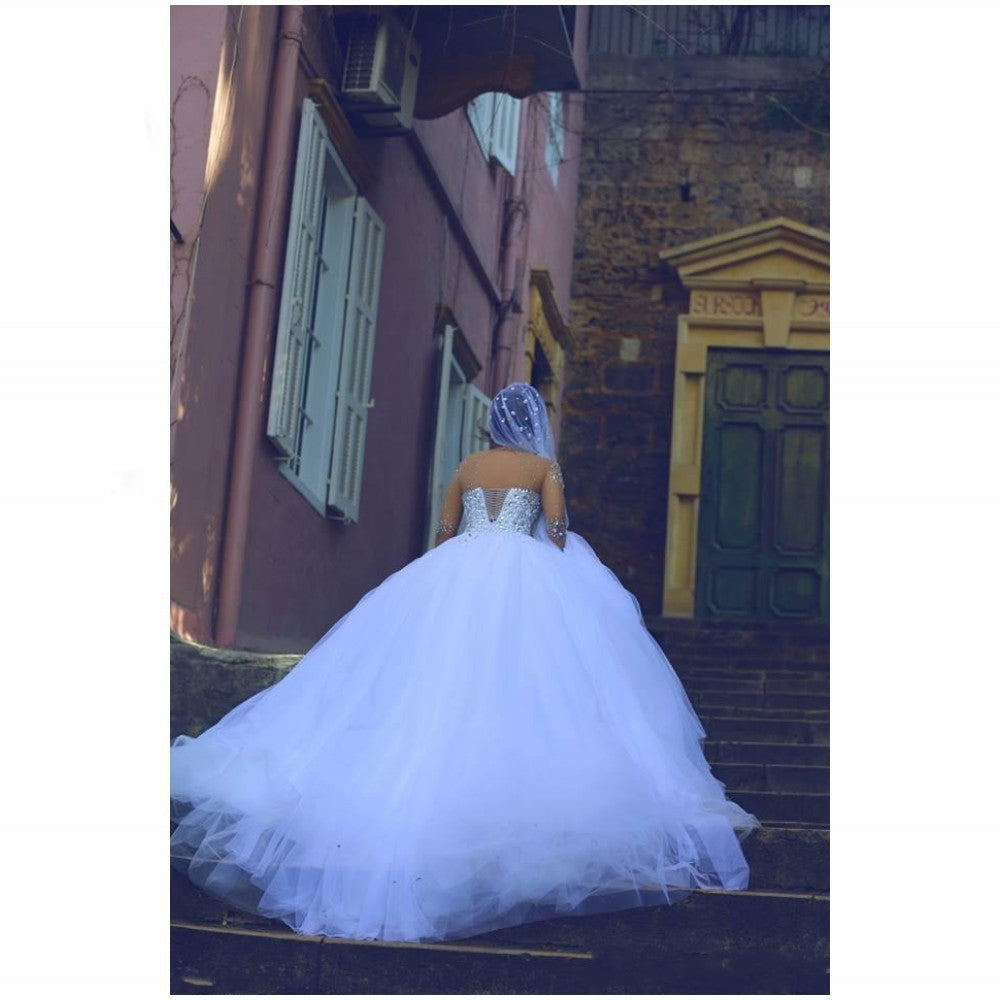 S911 New Style Wholesale Bride Lace Long Sleeve Custom Wedding Dress Prom Dresses Party Maxi Sequin Evening Dress - My Store