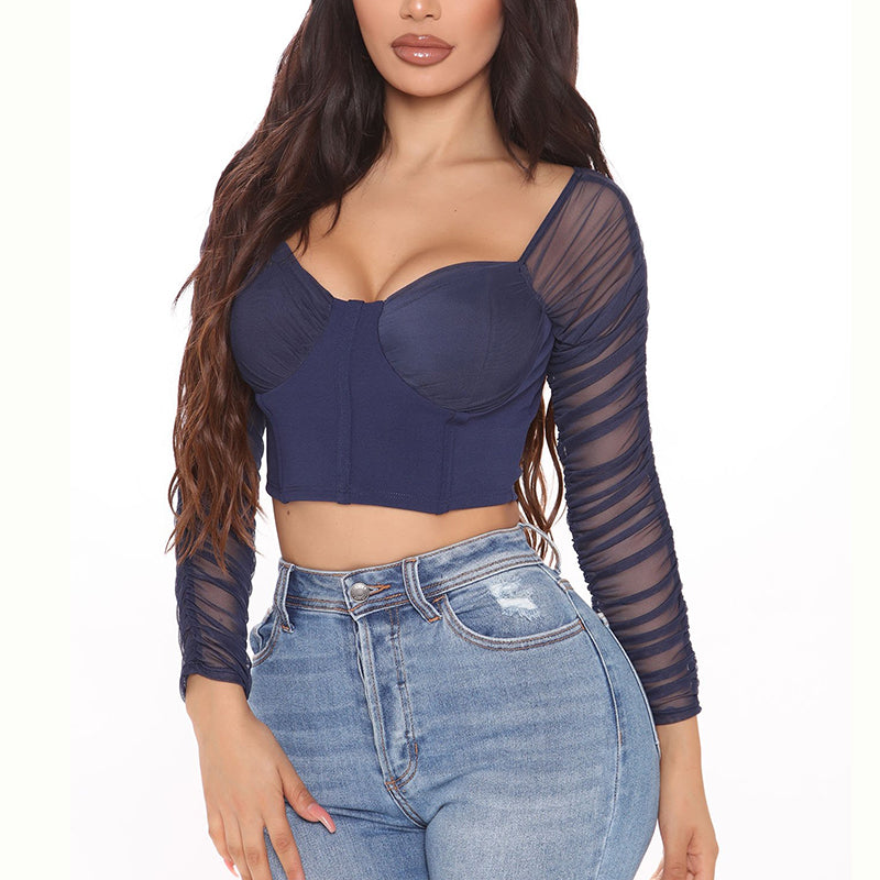 Fashion Crop Top Solid Color Women Blouse Lady Mesh Sleeve Top Long Sleeve Blouse Tops Sexy Blouses for Women