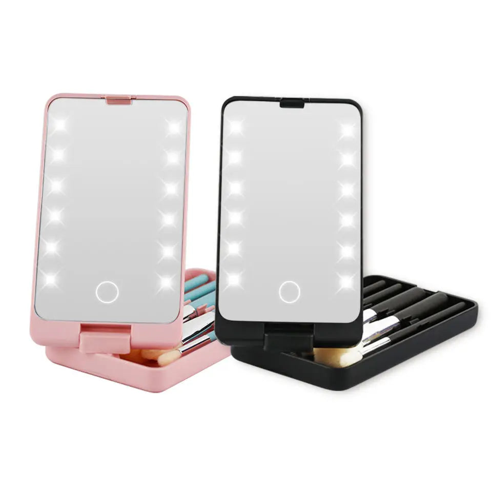 Private Label Cosmetics Led Makeup Mirror Carry Brushes Storage Box Rotating Folding Mirror Makeup Brush Set 5 Pcs - My Store