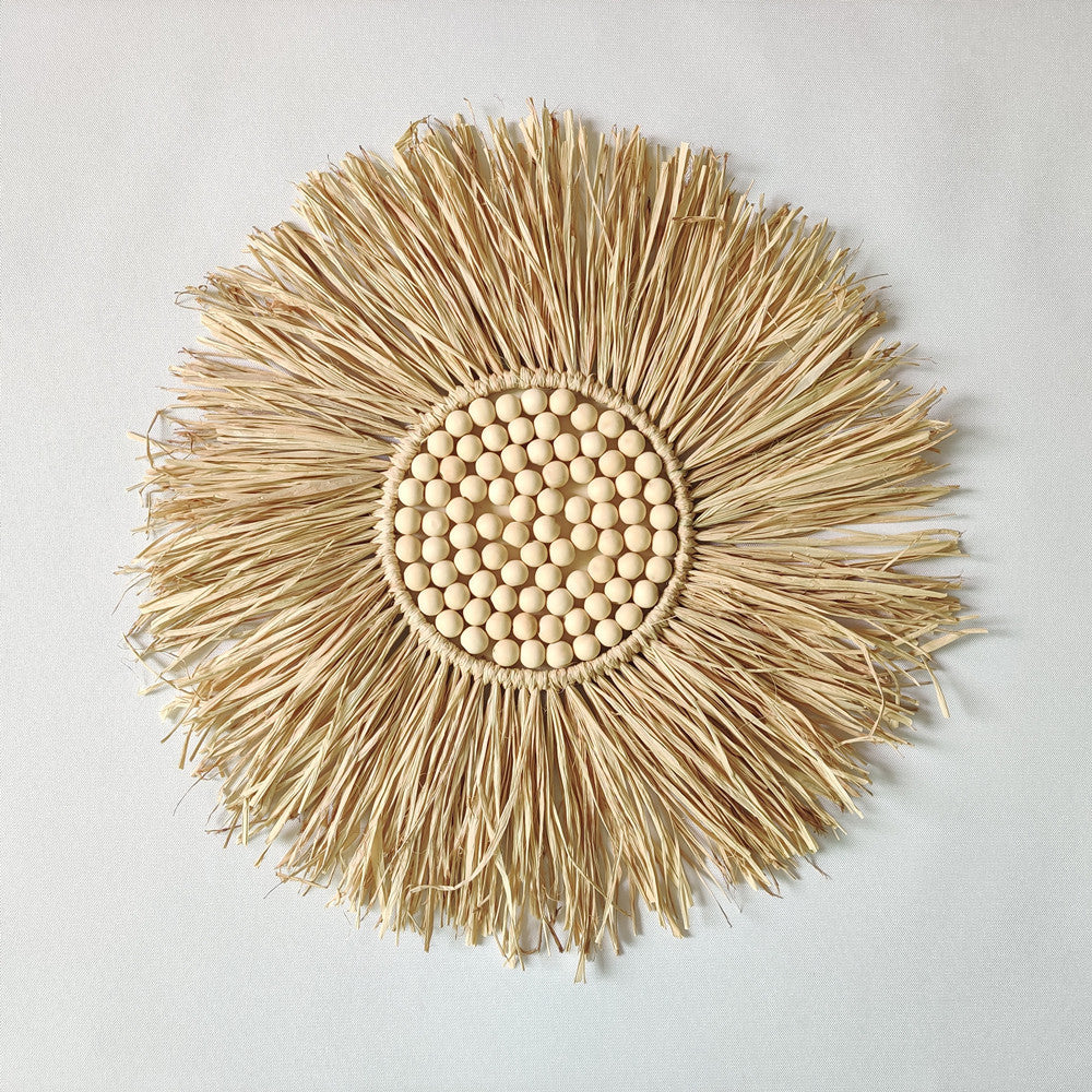 Hot Sales Boho RAFFIA Decor Mirror 45cm Lafite Grass Mirrors Decor Wall Mirrors Decoration With Wood Balls for Home