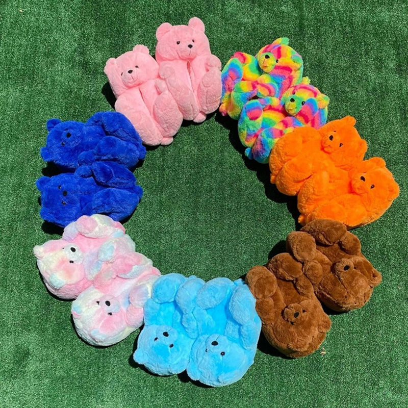 Drop Shipping Fashion Design Winter Women Girl Fur Shoes Cute Cartoon Animal Teddy Bear Warm Slippers Bedroom Soft Fur Slipper