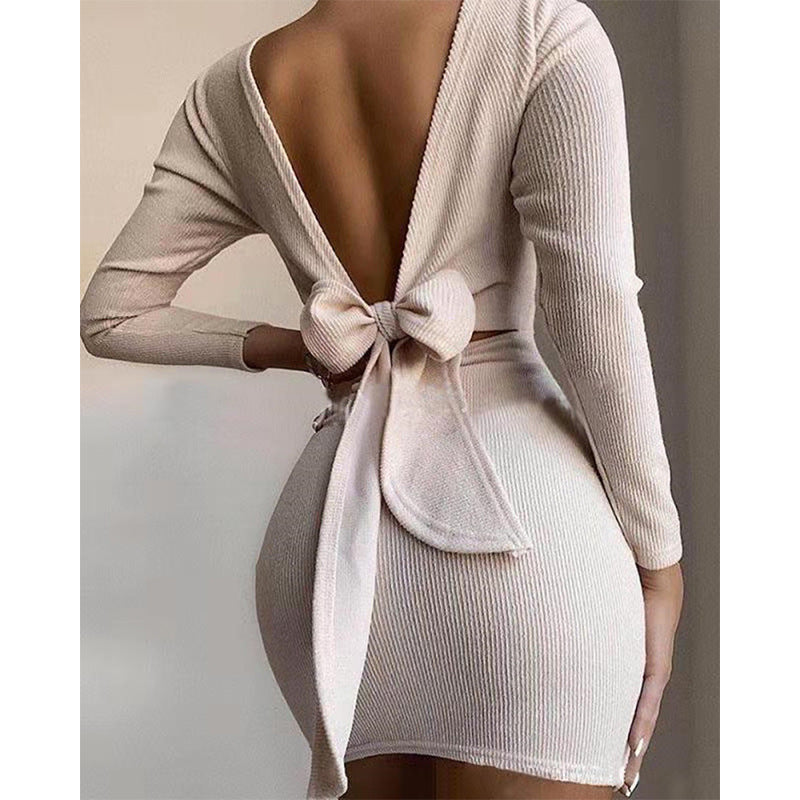 Fall Women Clothes Bow Knot Backless Long Sleeved Mini Dress Womens Dresses Casual Dresses