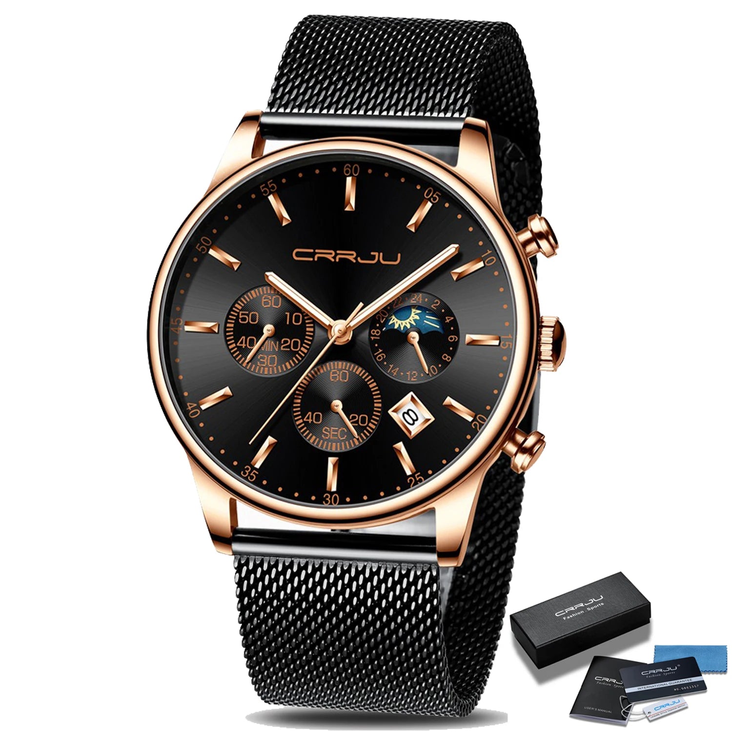 Relogio Masculino CRRJU Luxury Quartz Watch for Men Blue Dial Watches Sport Watches Chronograph Clock Mesh Belt Wrist Watch
