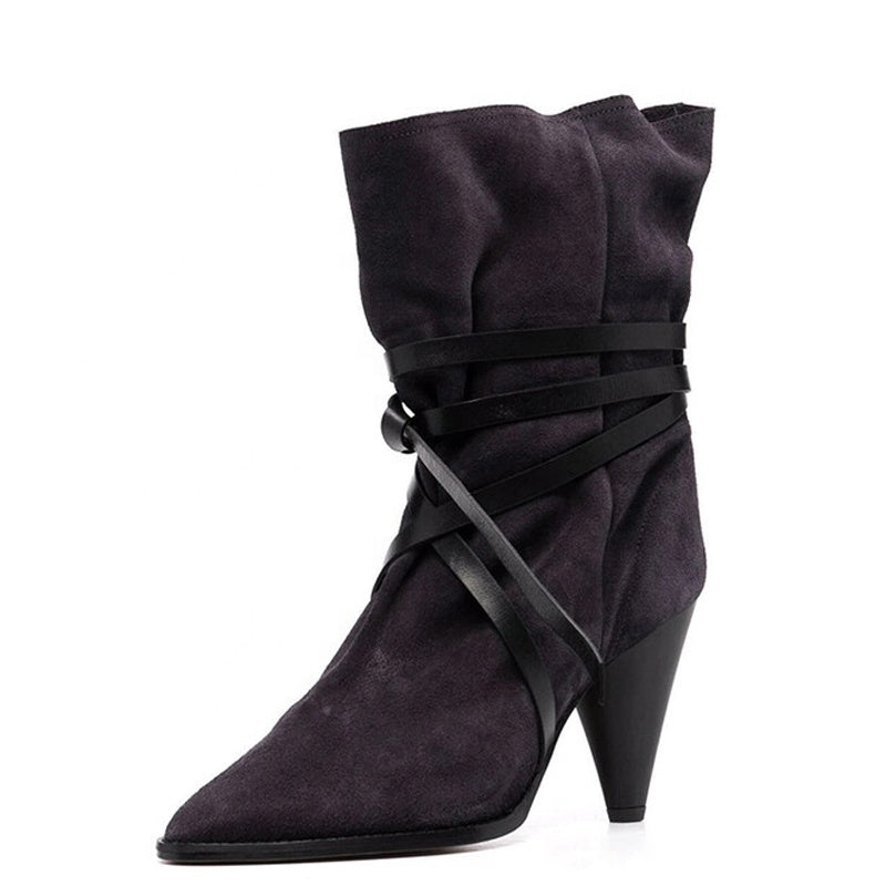 Top Quality Soft Suede Ankle Short Boots Ladies Daily Shoes Spike High Heels Women's Boots Cross Ropes Pointy Toe Booty