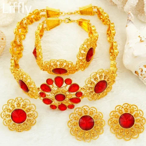 Liffly Bridal Jewelry Set Nigerian Wedding Dubai Gold Jewelry Sets for Women African Big Flowers Necklace Earrings Jewellery
