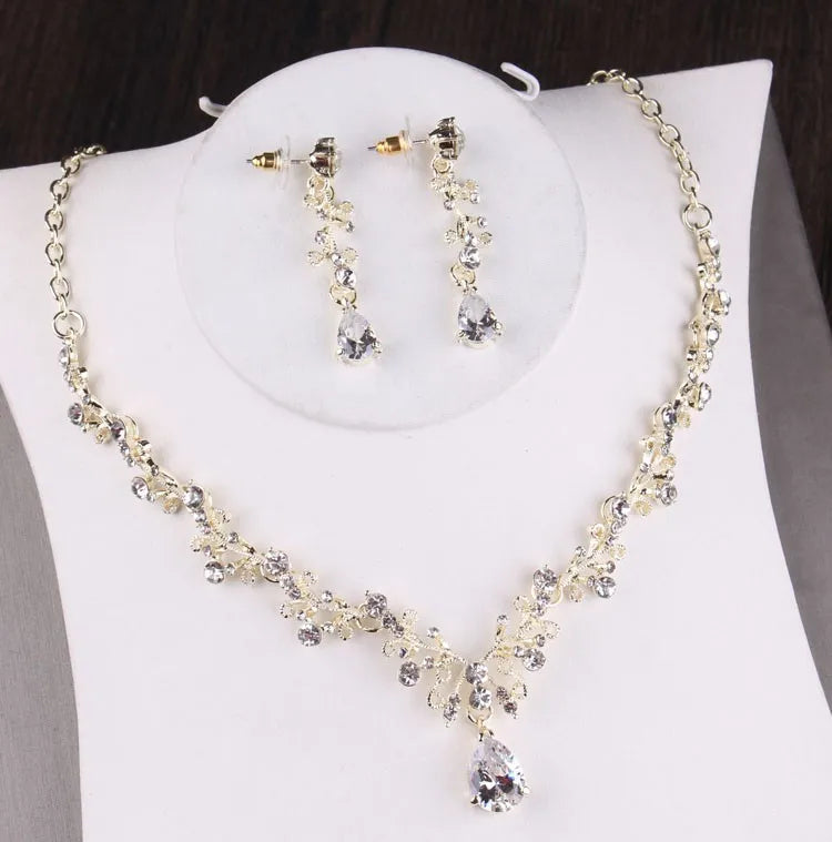 Baroque Vintage Gold Color Crystal Pearl Costume Jewelry Sets Rhinestone Choker Necklace Earring Tiara Crown Wedding Jewelry Set