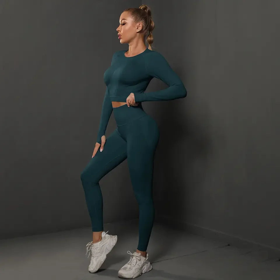 Hot Selling New Custom Logo Plus Size Seamless Activewear Set Long Sleeved Top Leggings 2 Piece Set Custom Yoga Set