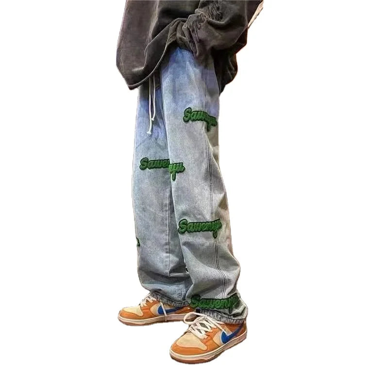 Mens Oversized Hiphop Embroiled Baggy Denim Jeans for Mens Sustainable Loose Jeans Casual Softener Knitted Jean