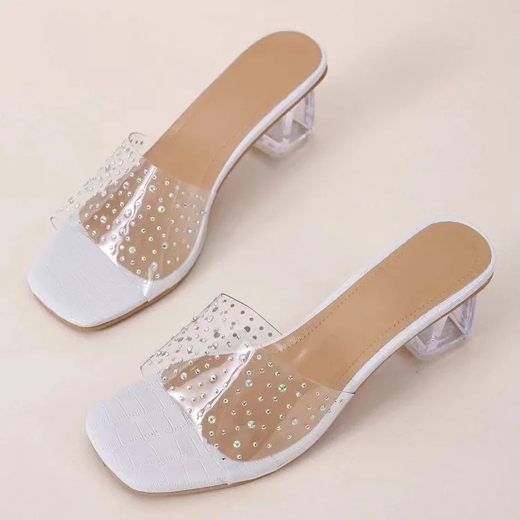 Stylish Slipper Ladies Outdoor High Heeled Women Crystal Fabric Flip Flops Shoes Women's New Square Toe Crystal Sandals Slippers