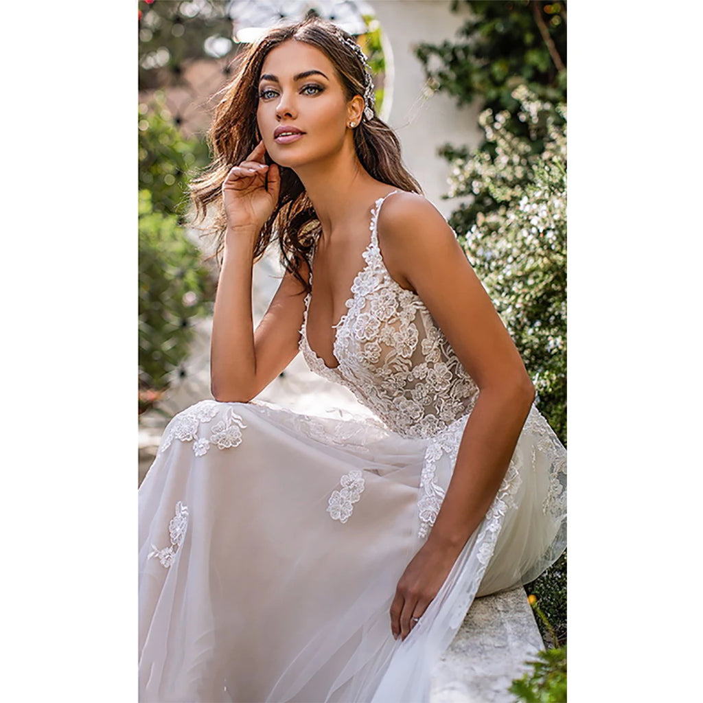 Long Boho A-Line Backless Wedding Dress 3D Flowers Spaghetti Straps Bride Dresses Princess Floor Length Wedding Gowns - My Store