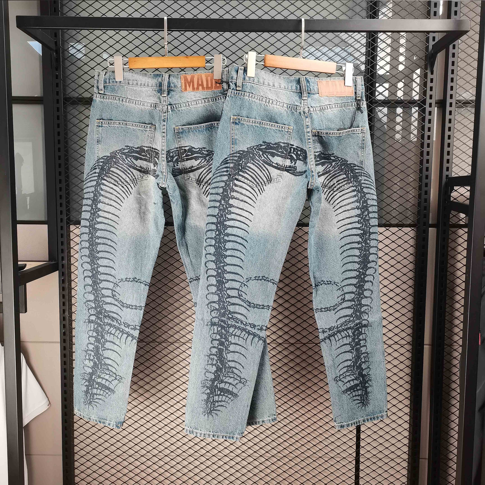 Retro Male High Street Stacked Jeans Retro  Blue Baggy Jeans Popular  Printing Wash  Designer Jean